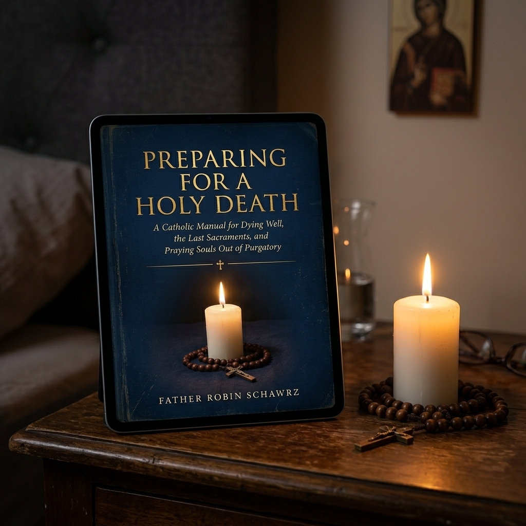 The manual on a Catholic nightstand beside a candle and rosary