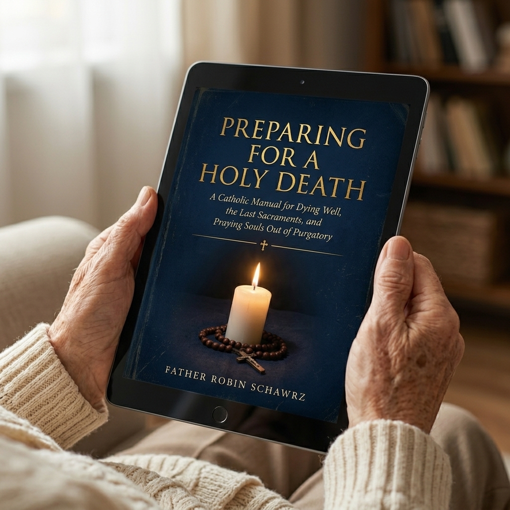 A faithful Catholic holding the eBook on her tablet