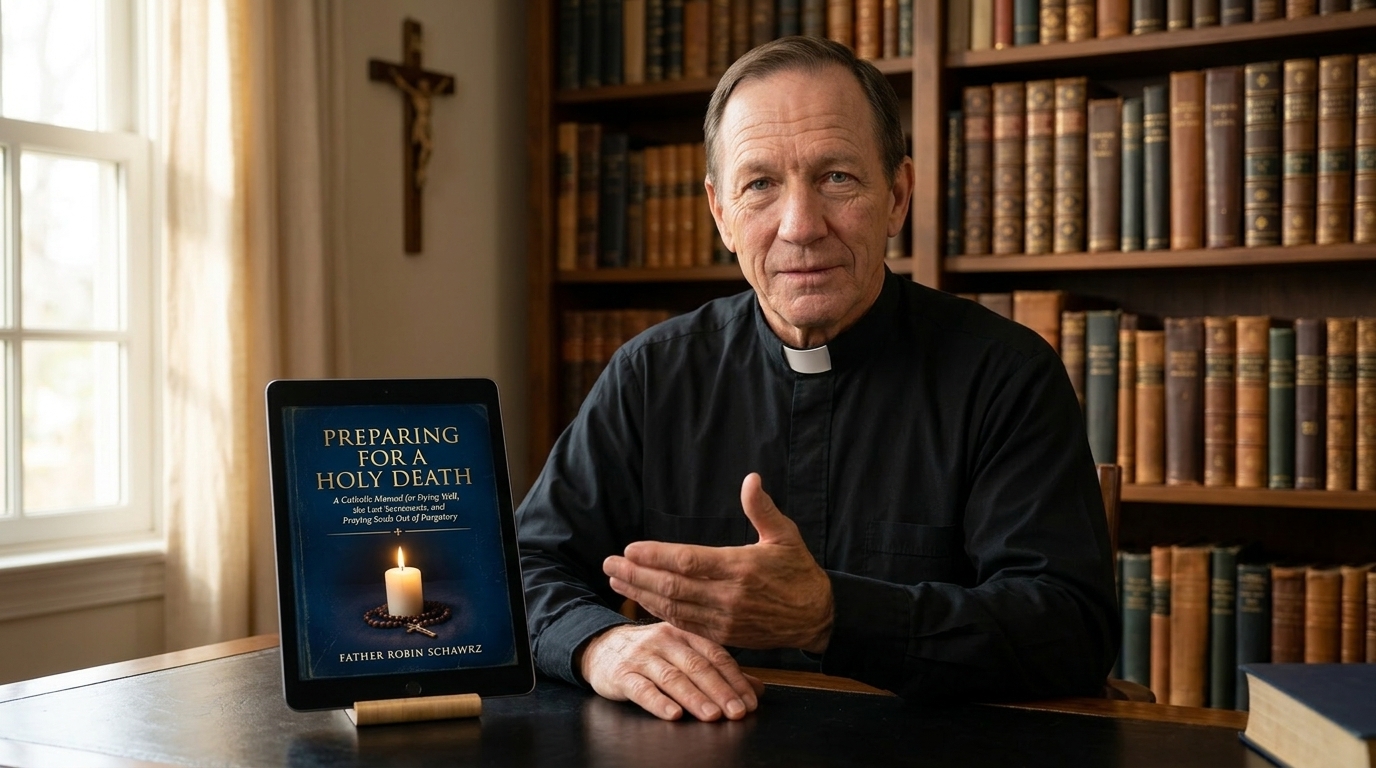 Father Robin Schawrz in his study, presenting the eBook